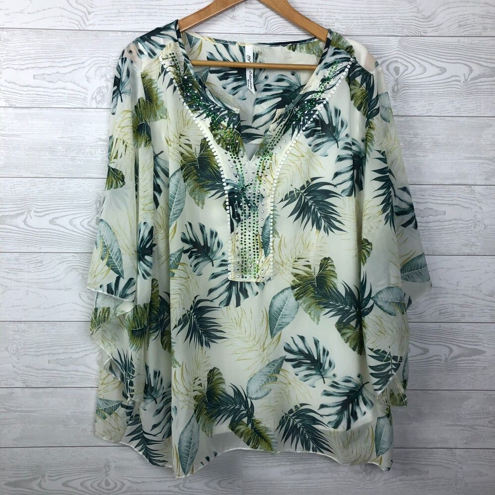 NY Collection Women's 3X Palm Leaf Print Blouse Beaded V Neck Built In Tank Top